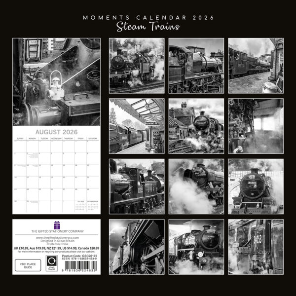 2026 Square Wall Calendar - Steam Trains - Black & White - Image 4